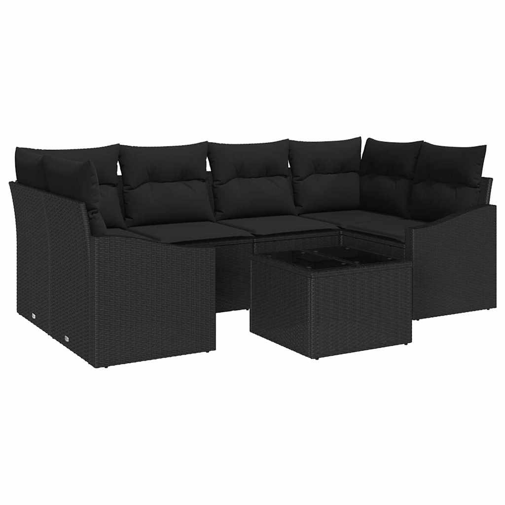Garten-Sofa-Set 7 pcs Schwarz Poly-Rattan und Stahl und Glas